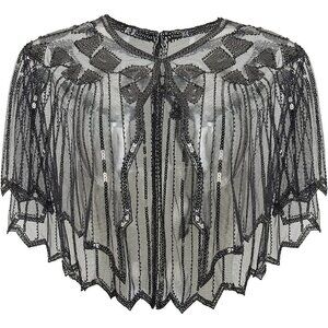 Women Sequin Beaded Evening Cape 1920s Shawl  Wraps (Black)